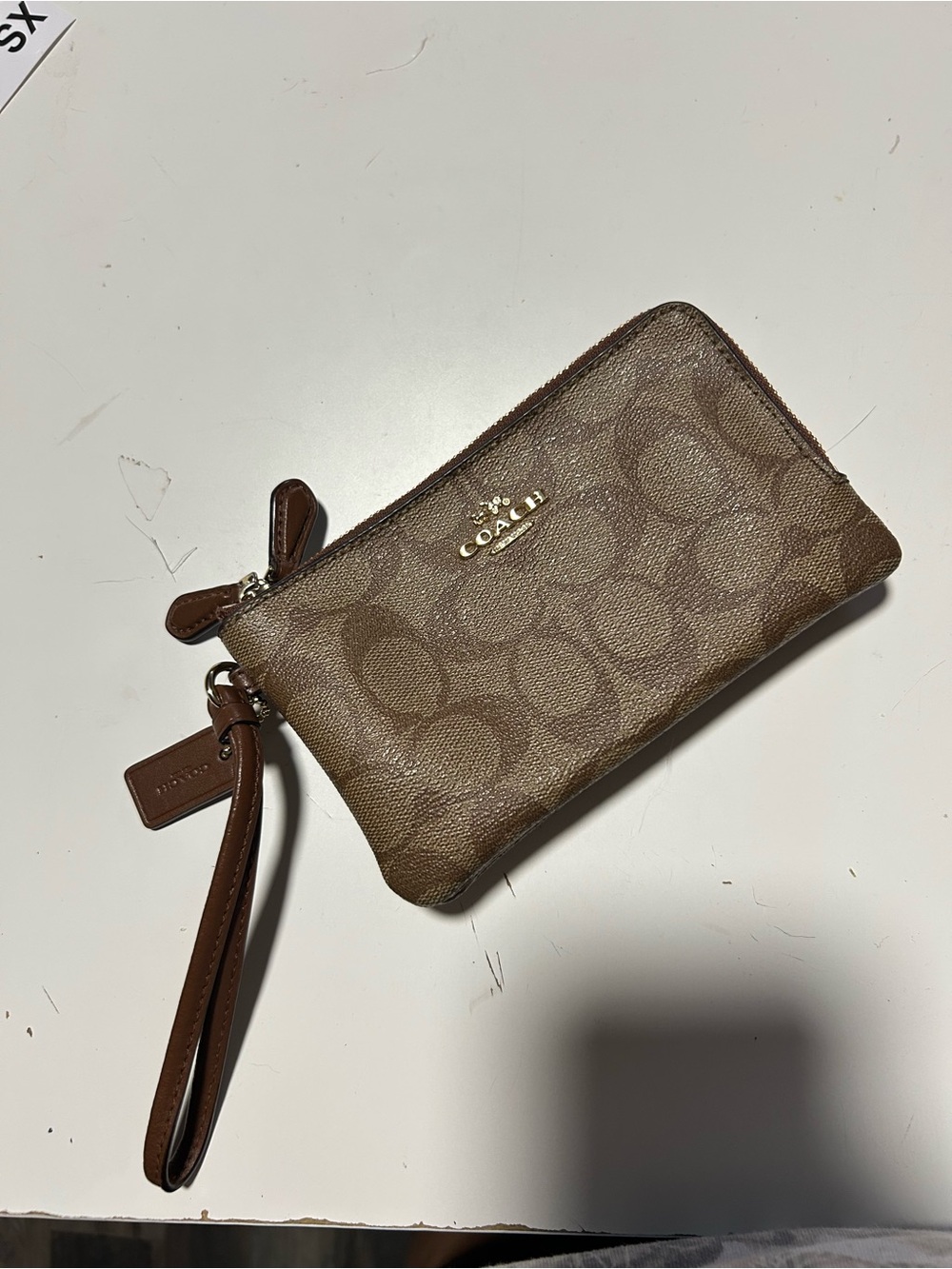 Coach Tan Signature Canvas Wristlet with Brown Leather Trim